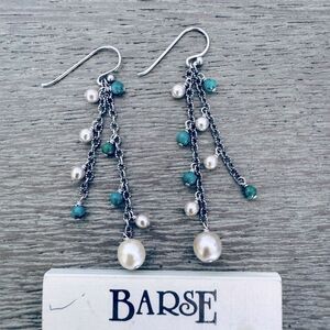 Barse 925 Silver Pearl Turquoise Beaded Chain Earrings